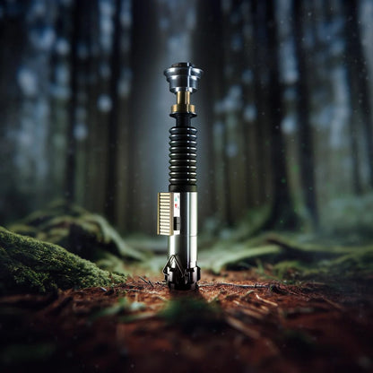 Luke ROTJ Saber from Novasaber, featuring an expertly crafted hilt with silver, black, and green accents, paired with a bright green blade, replicating Luke Skywalker&