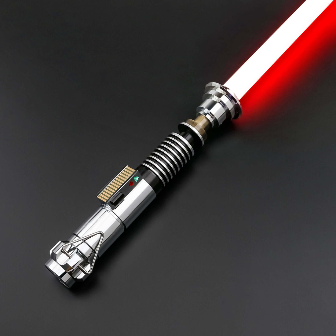 Luke EP6 Saber from Novasaber, showcasing an authentic replica of the Episode VI hilt with intricate silver and black detailing, paired with a glowing green blade, reflecting Luke Skywalker&