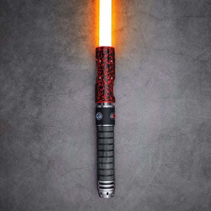 Naruto Lightsaber: Frosted aluminum alloy hilt with red grip, 32&quot; or 36&quot; removable polycarbonate blade, Baselit, Neopixel, or Proffie core options, 12 blade colors, 4–9 blade effects, 16–27 preinstalled soundfonts, ideal for cosplay and dueling.