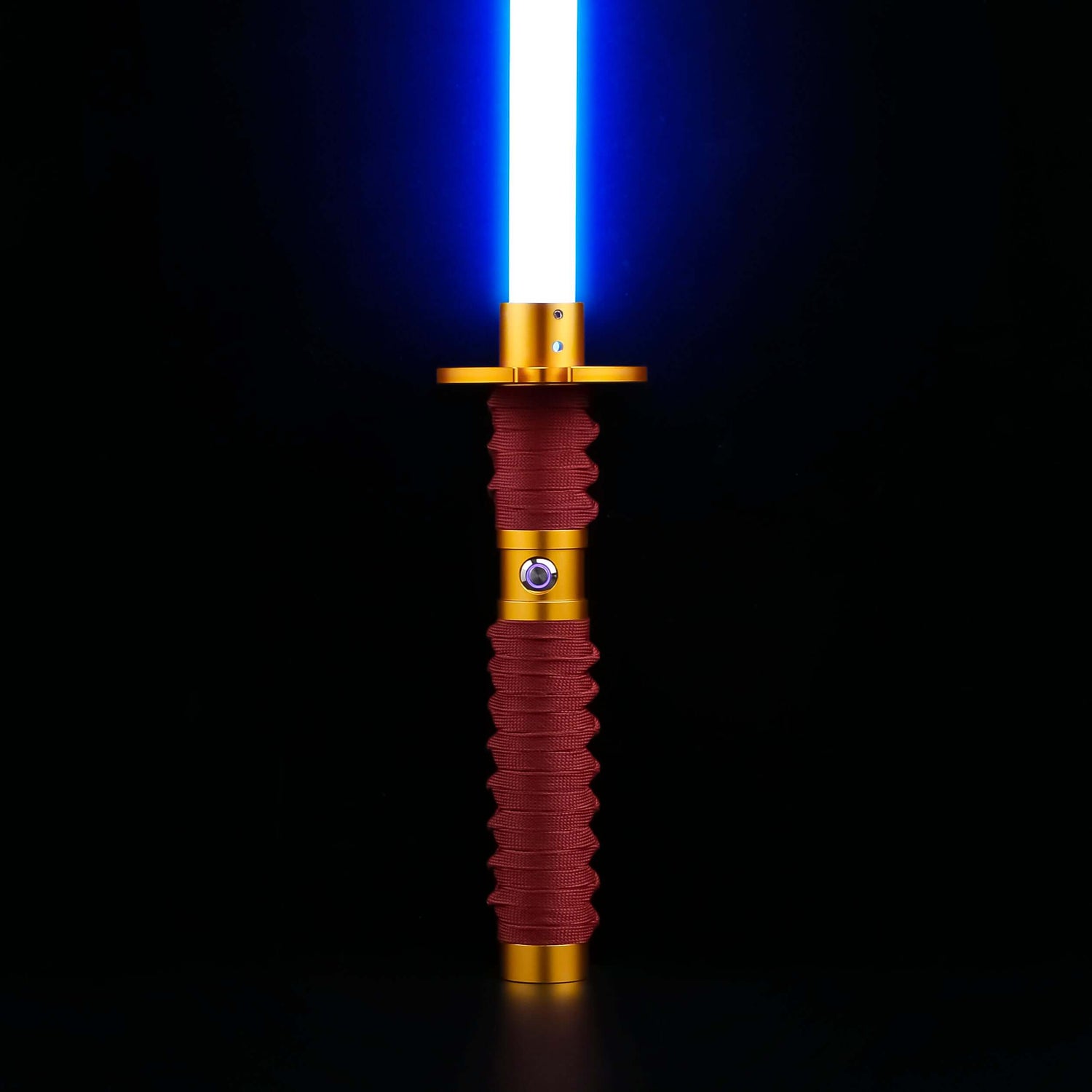 Sekiro Lightsaber: Katana-inspired design with gold hilt, red grip, and gold guard, crafted from aircraft-grade aluminum for durability and elegance.
