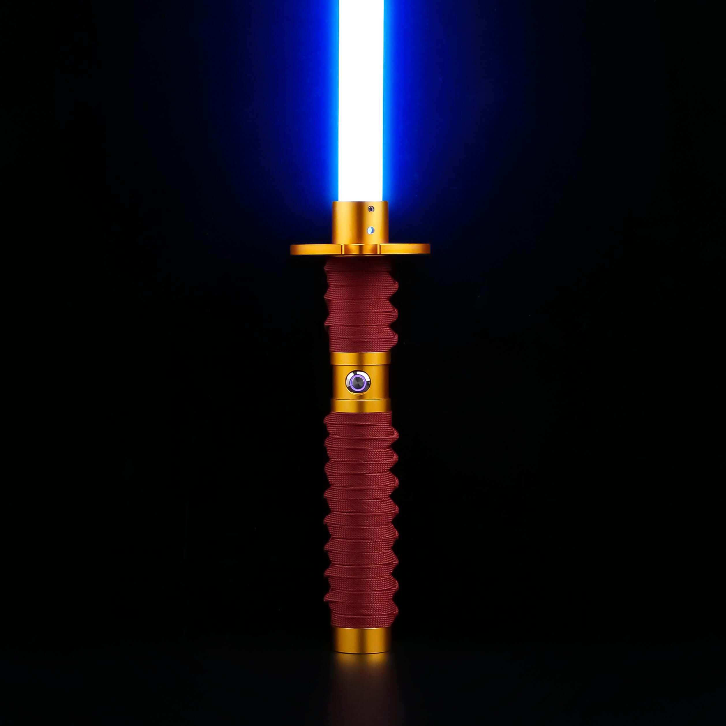 Sekiro Lightsaber: Katana-inspired design with gold hilt, red grip, and gold guard, crafted from aircraft-grade aluminum for durability and elegance.