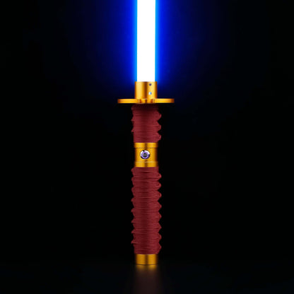 Sekiro Lightsaber: Katana-inspired design with gold hilt, red grip, and gold guard, crafted from aircraft-grade aluminum for durability and elegance.