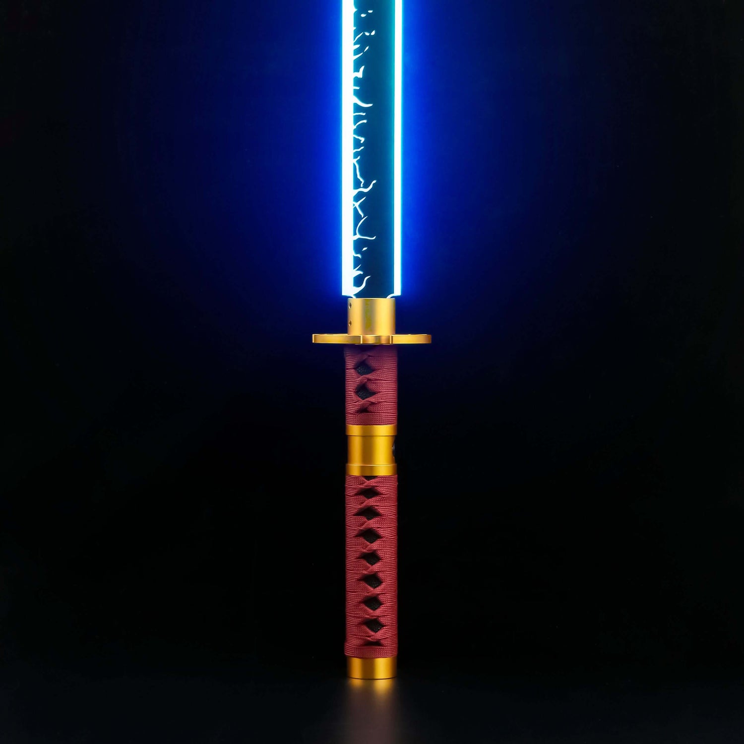 Sekiro Lightsaber: Katana-inspired design with gold hilt, red grip, and gold guard, crafted from aircraft-grade aluminum for durability and elegance.