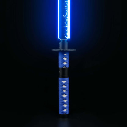 Sekiro Lightsaber: Katana-inspired design with gold hilt, red grip, and gold guard, crafted from aircraft-grade aluminum for durability and elegance.