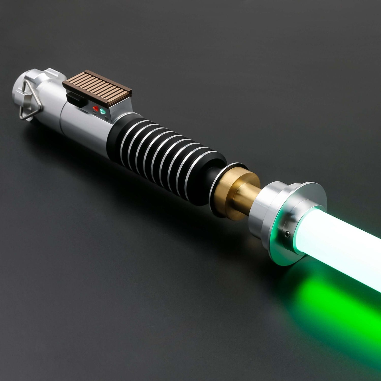Luke ROTJ Saber from Novasaber, featuring an expertly crafted hilt with silver, black, and green accents, paired with a bright green blade, replicating Luke Skywalker&
