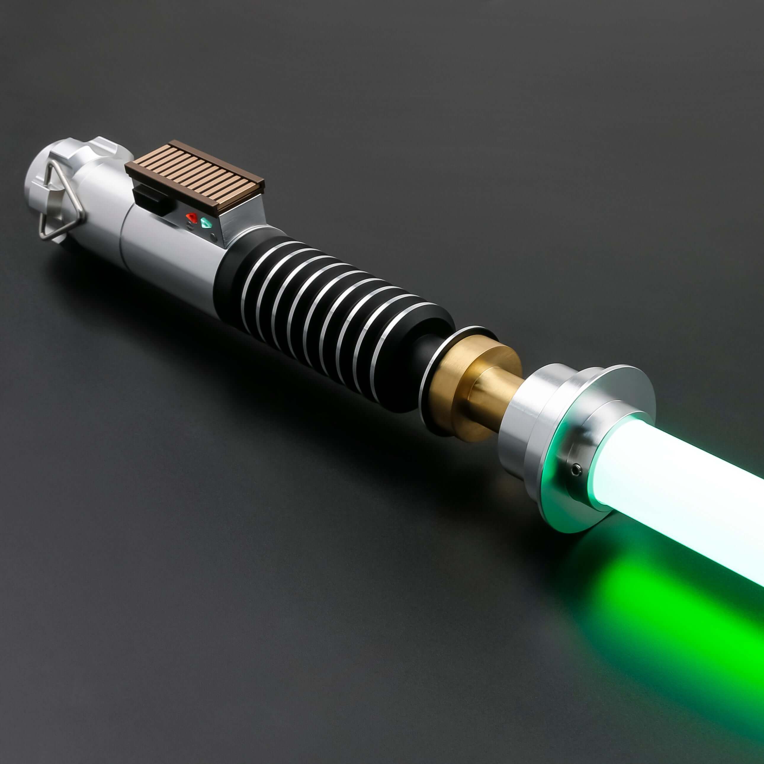 Luke ROTJ Saber from Novasaber, featuring an expertly crafted hilt with silver, black, and green accents, paired with a bright green blade, replicating Luke Skywalker&
