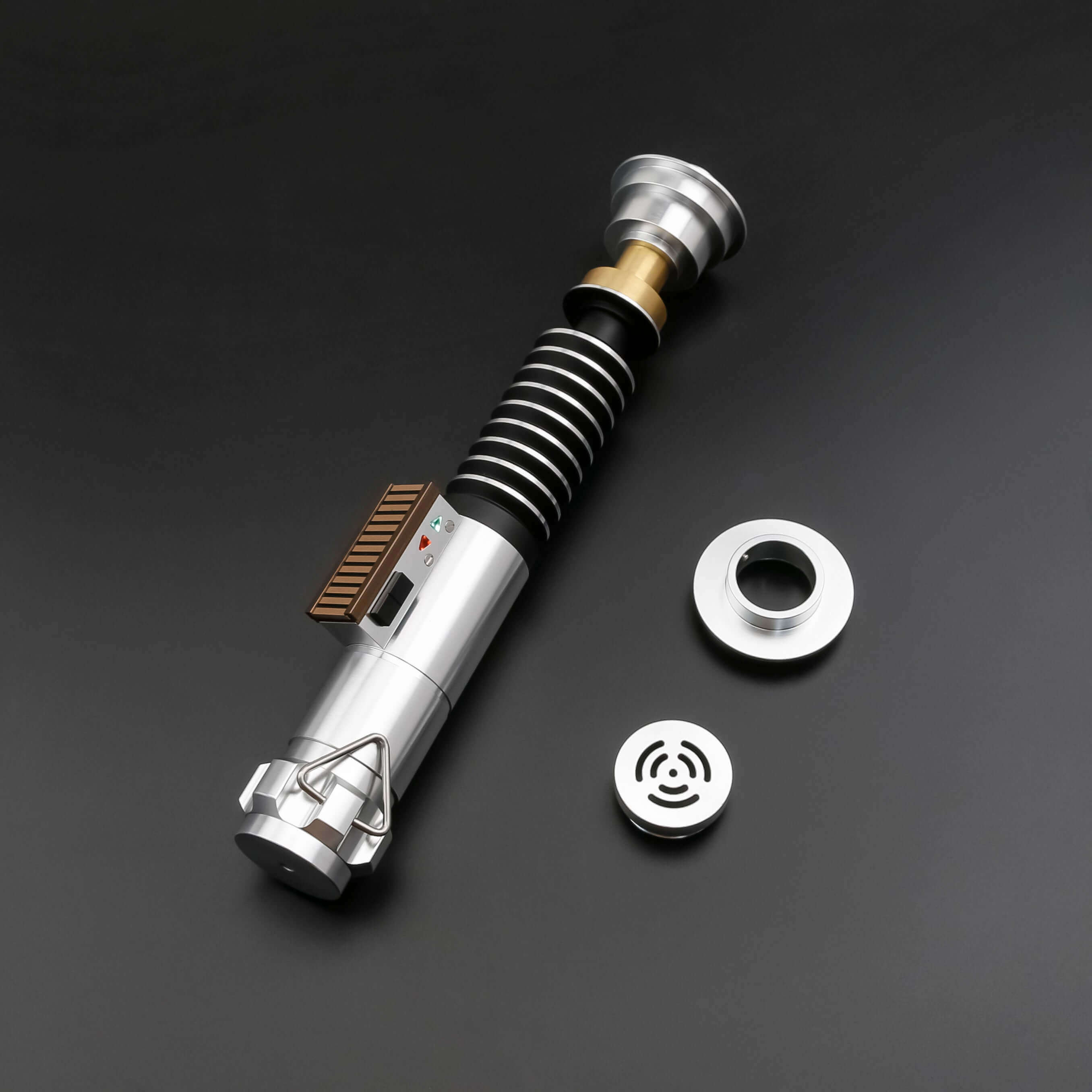 Luke ROTJ Saber from Novasaber, featuring an expertly crafted hilt with silver, black, and green accents, paired with a bright green blade, replicating Luke Skywalker&