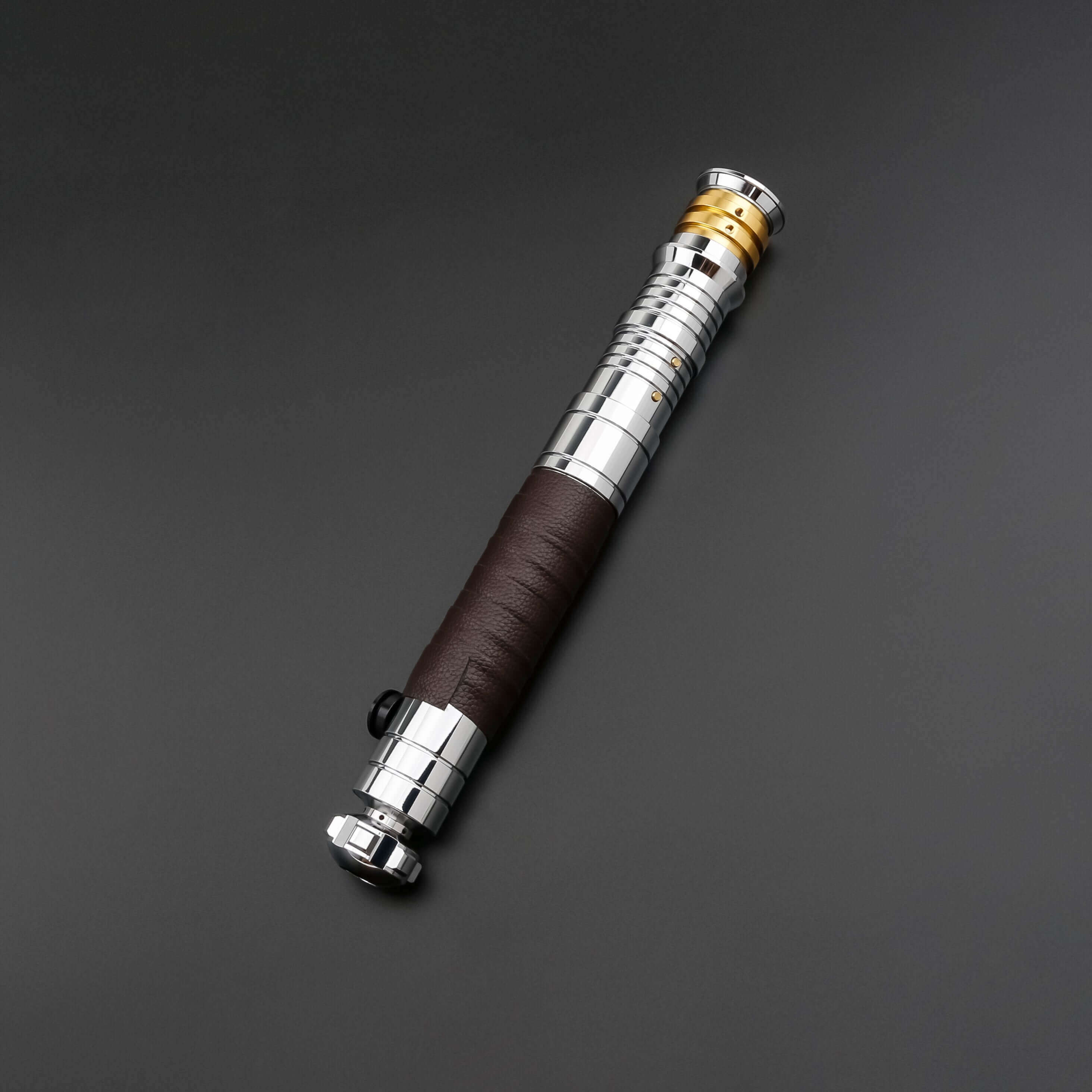 Revan lightsaber with silver and black anodized aluminum hilt, featuring 12 blade colors, 16 sound fonts, and options for Baselit, S-RGB, Neopixel, or Proffie cores, ideal for cosplay and light dueling