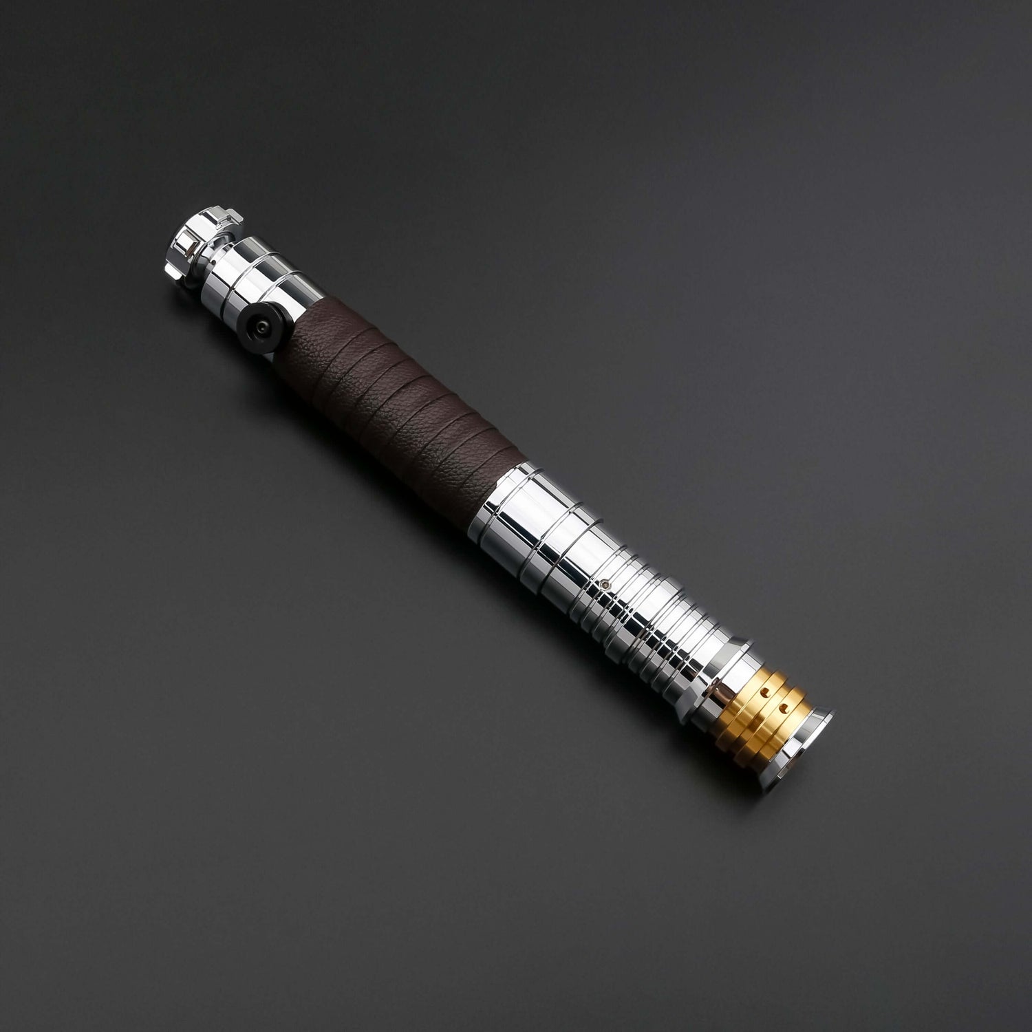 Revan lightsaber with silver and black anodized aluminum hilt, featuring 12 blade colors, 16 sound fonts, and options for Baselit, S-RGB, Neopixel, or Proffie cores, ideal for cosplay and light dueling