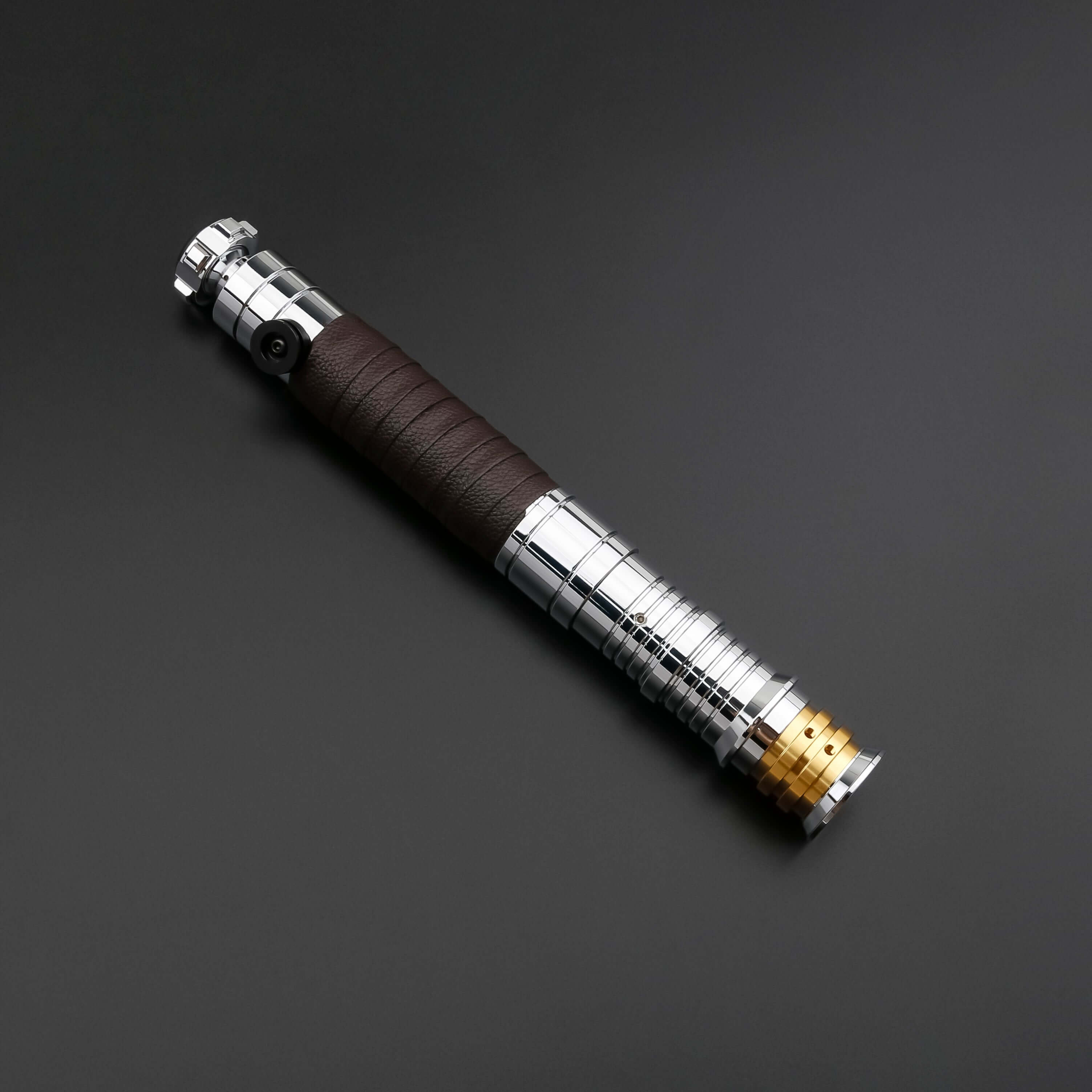 Revan lightsaber with silver and black anodized aluminum hilt, featuring 12 blade colors, 16 sound fonts, and options for Baselit, S-RGB, Neopixel, or Proffie cores, ideal for cosplay and light dueling