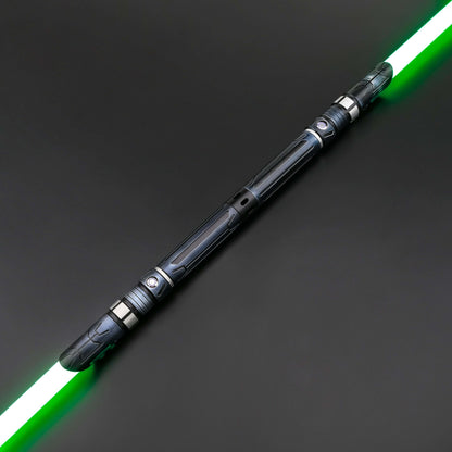 Starchaser Dual Sabers – twin frosted aluminum alloy hilts with etched emitter design for an ancient authentic feel, removable 77 cm or 92 cm polycarbonate blades, Neopixel multi-color changing core options for customizable blade effects, includes complim