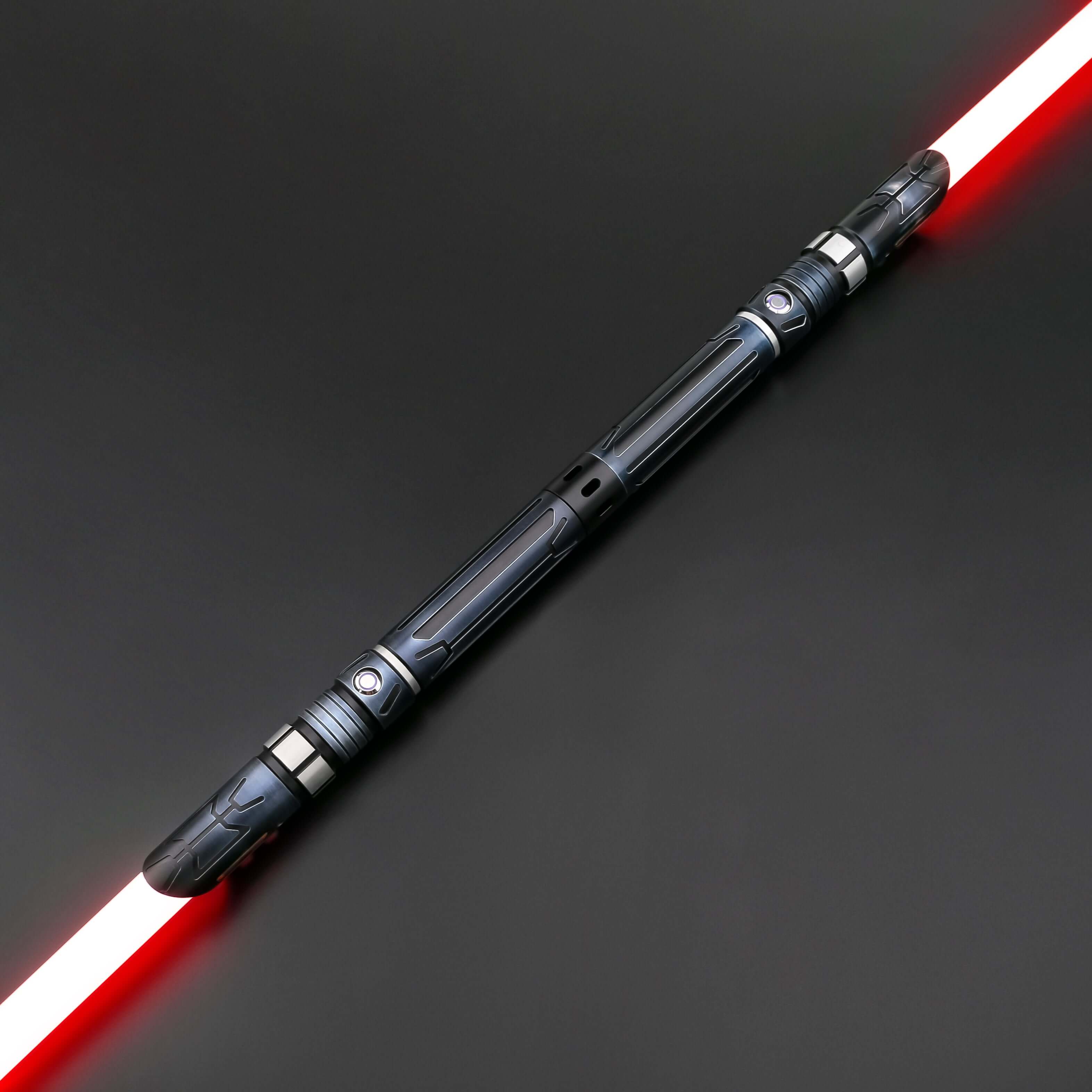 Starchaser Dual Sabers – twin frosted aluminum alloy hilts with etched emitter design for an ancient authentic feel, removable 77 cm or 92 cm polycarbonate blades, Neopixel multi-color changing core options for customizable blade effects, includes complim