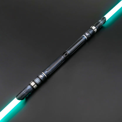 Starchaser Dual Sabers – twin frosted aluminum alloy hilts with etched emitter design for an ancient authentic feel, removable 77 cm or 92 cm polycarbonate blades, Neopixel multi-color changing core options for customizable blade effects, includes complim