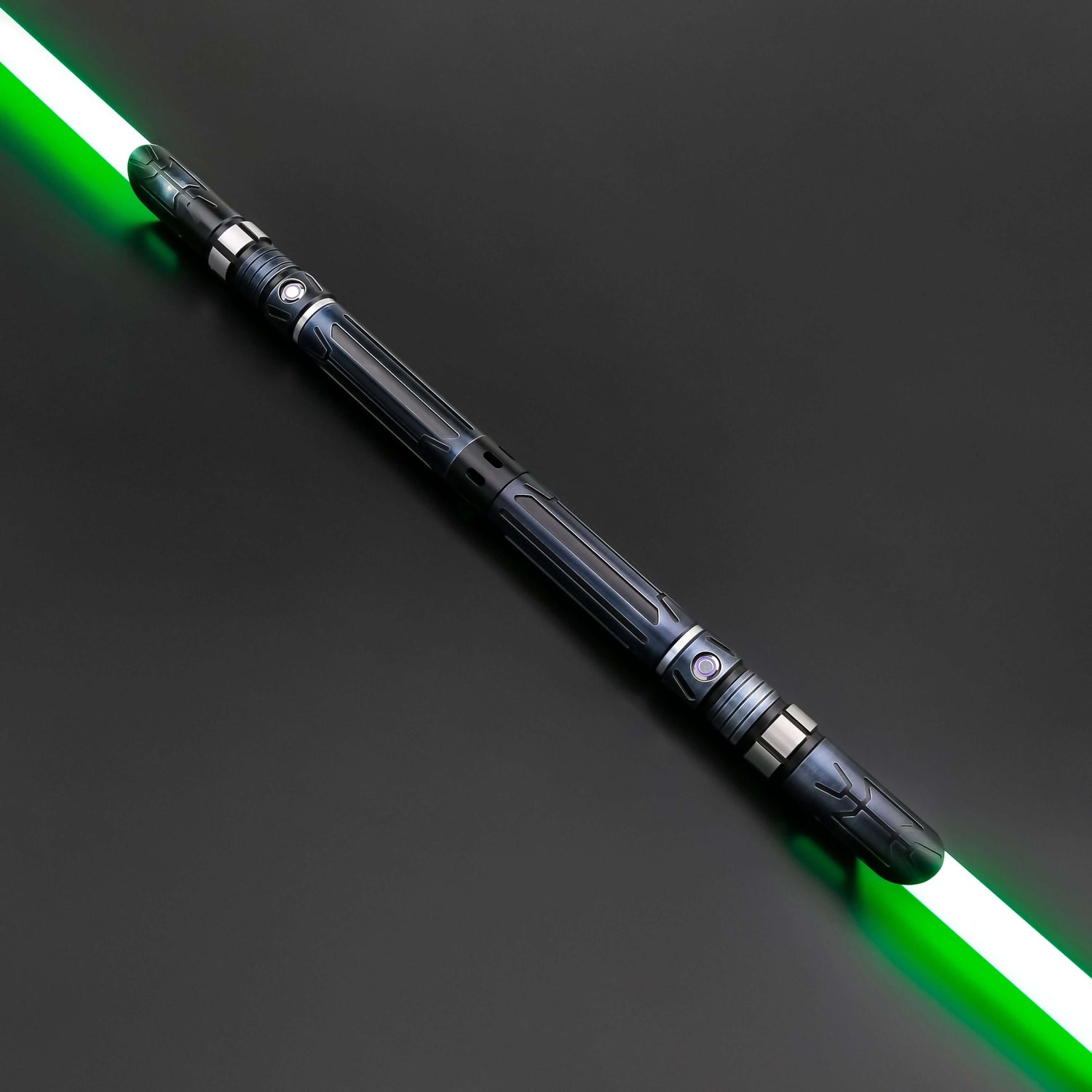 Starchaser Dual Sabers – twin frosted aluminum alloy hilts with etched emitter design for an ancient authentic feel, removable 77 cm or 92 cm polycarbonate blades, Neopixel multi-color changing core options for customizable blade effects, includes complim