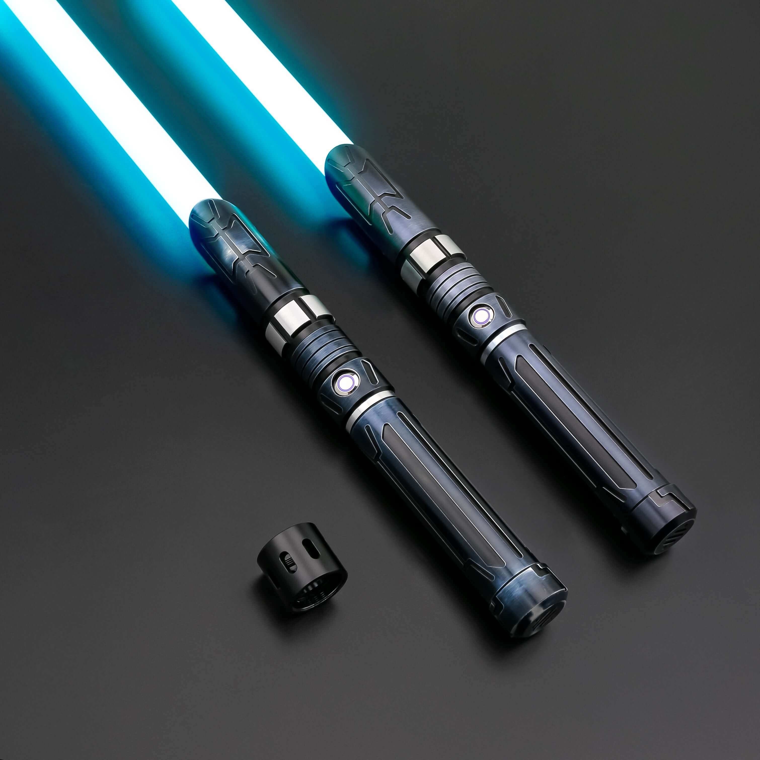 Starchaser Dual Sabers – twin frosted aluminum alloy hilts with etched emitter design for an ancient authentic feel, removable 77 cm or 92 cm polycarbonate blades, Neopixel multi-color changing core options for customizable blade effects, includes complim