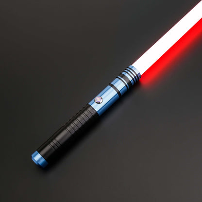 Padawan A01RGB Neopixel Saber – Ergonomic aluminum hilt with gold accents, high-quality removable polycarbonate blade, customizable RGB colors via app, realistic sound effects with multiple sound fonts, rechargeable 18650 battery, smooth swing motion for