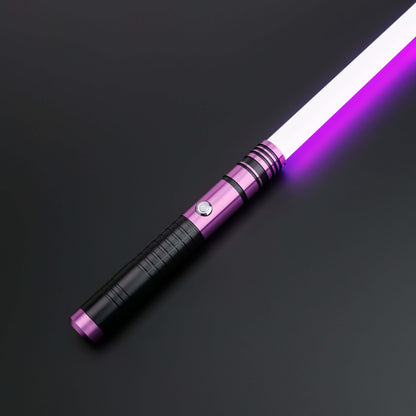 Padawan A01RGB Neopixel Saber – Ergonomic aluminum hilt with gold accents, high-quality removable polycarbonate blade, customizable RGB colors via app, realistic sound effects with multiple sound fonts, rechargeable 18650 battery, smooth swing motion for