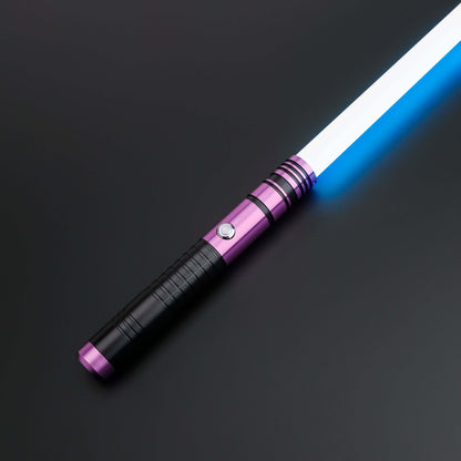Padawan A01RGB Neopixel Saber – Ergonomic aluminum hilt with gold accents, high-quality removable polycarbonate blade, customizable RGB colors via app, realistic sound effects with multiple sound fonts, rechargeable 18650 battery, smooth swing motion for