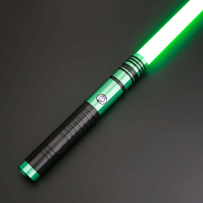 Padawan A01RGB Neopixel Saber – Ergonomic aluminum hilt with gold accents, high-quality removable polycarbonate blade, customizable RGB colors via app, realistic sound effects with multiple sound fonts, rechargeable 18650 battery, smooth swing motion for