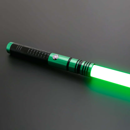 Padawan A01RGB Neopixel Saber – Ergonomic aluminum hilt with gold accents, high-quality removable polycarbonate blade, customizable RGB colors via app, realistic sound effects with multiple sound fonts, rechargeable 18650 battery, smooth swing motion for