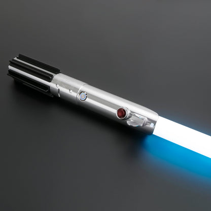 Skywalker SE Lightsaber from Novasaber, featuring a sleek silver hilt with black leather wrapping and a vibrant blue blade, inspired by the legendary Skywalker legacy from Star Wars.