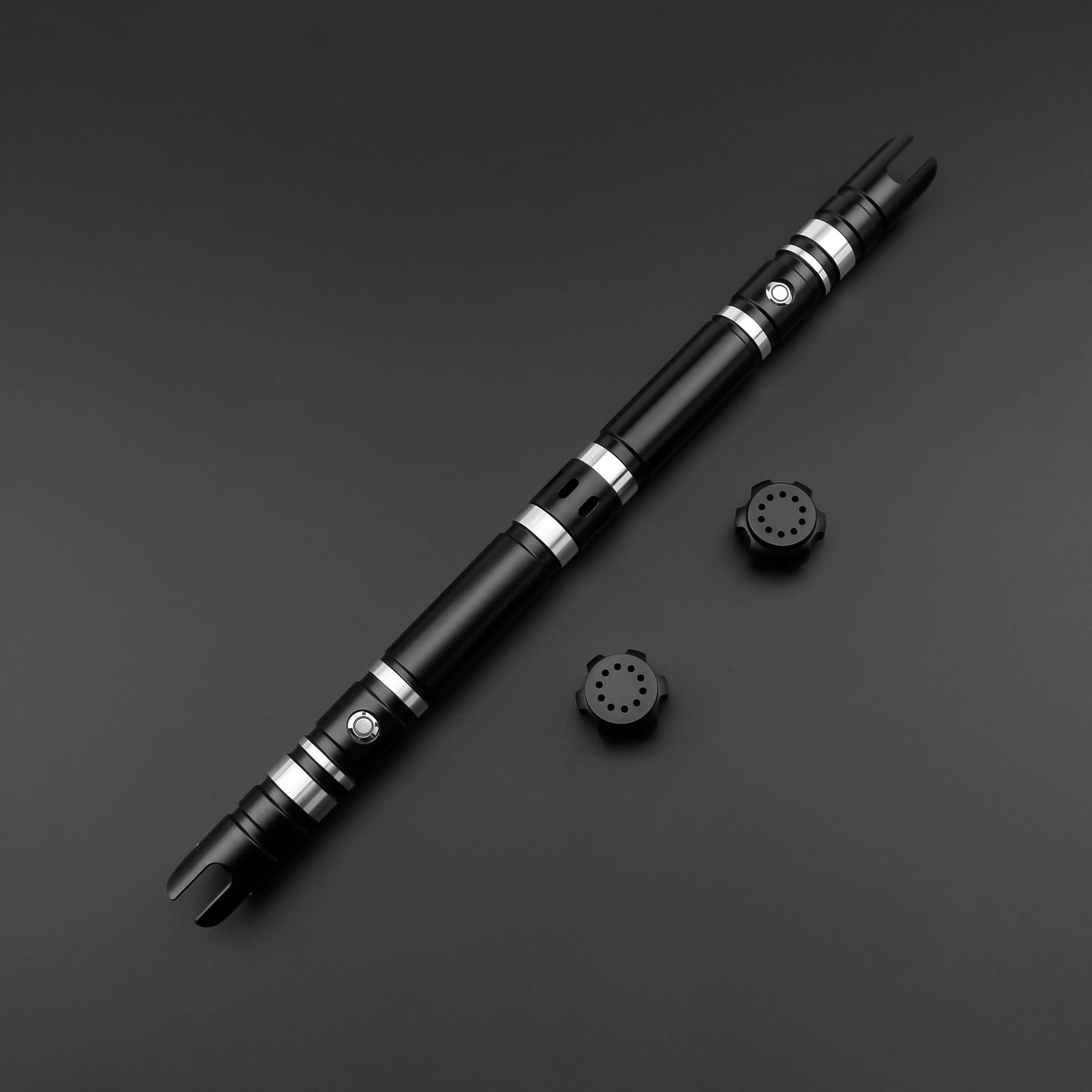 Hunter Dual Sabers featuring lightweight aluminum hilts with circular grip patterns and extended emitter necks, designed for enhanced maneuverability and ideal for cosplay and display.