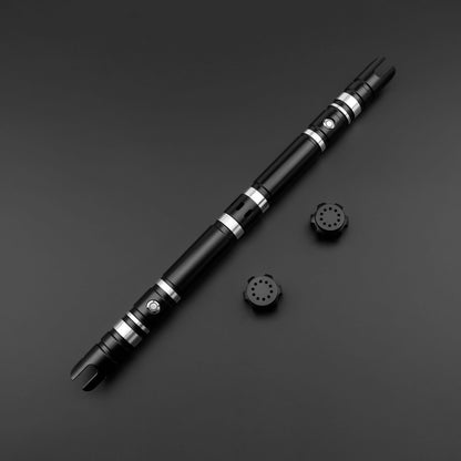 Hunter Dual Sabers featuring lightweight aluminum hilts with circular grip patterns and extended emitter necks, designed for enhanced maneuverability and ideal for cosplay and display.