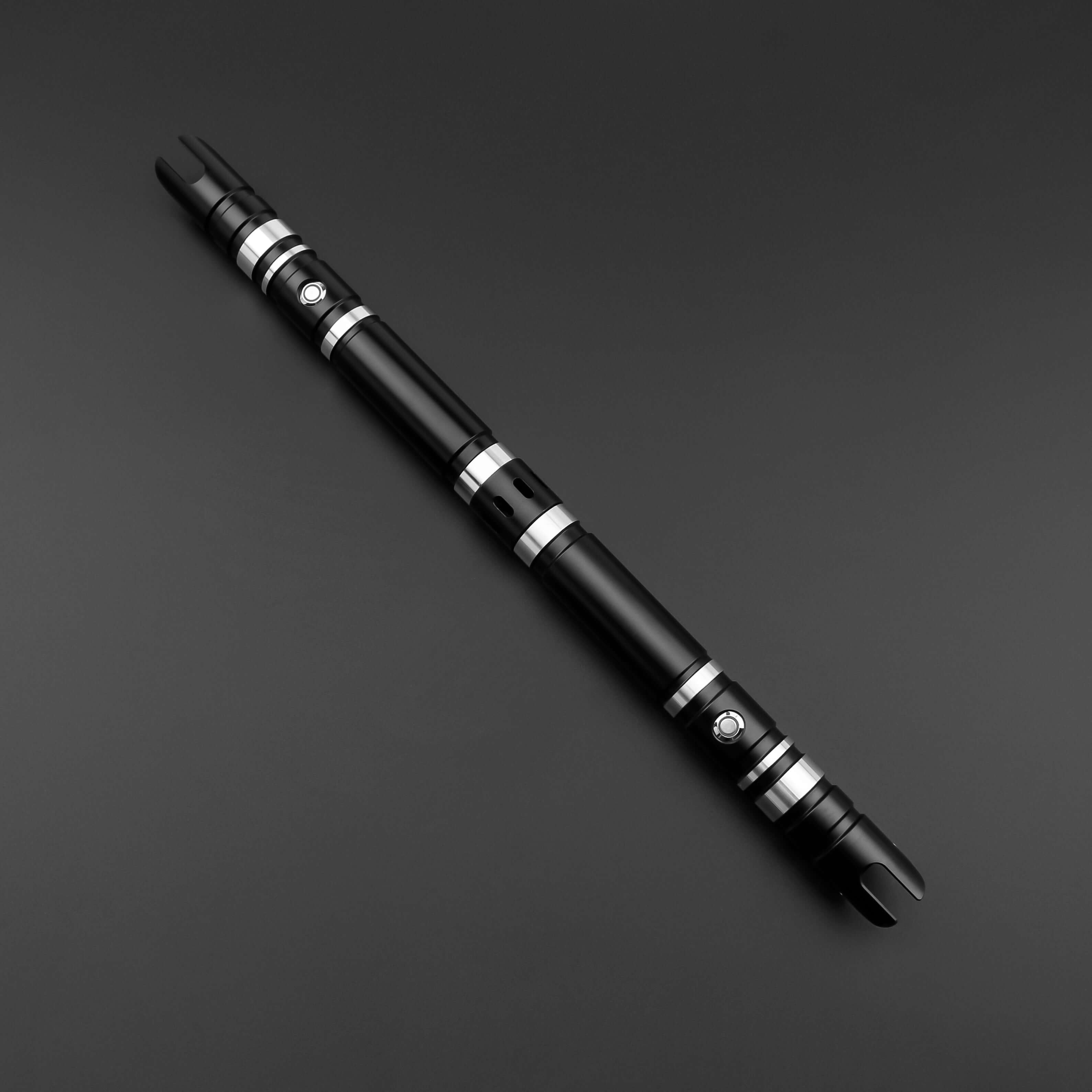 Hunter Dual Sabers featuring lightweight aluminum hilts with circular grip patterns and extended emitter necks, designed for enhanced maneuverability and ideal for cosplay and display.