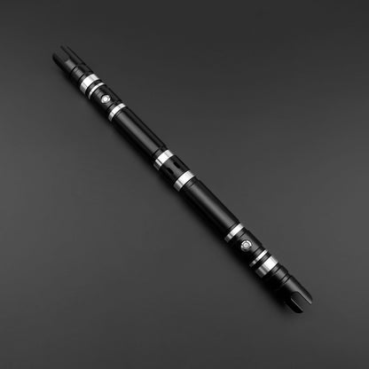 Hunter Dual Sabers featuring lightweight aluminum hilts with circular grip patterns and extended emitter necks, designed for enhanced maneuverability and ideal for cosplay and display.