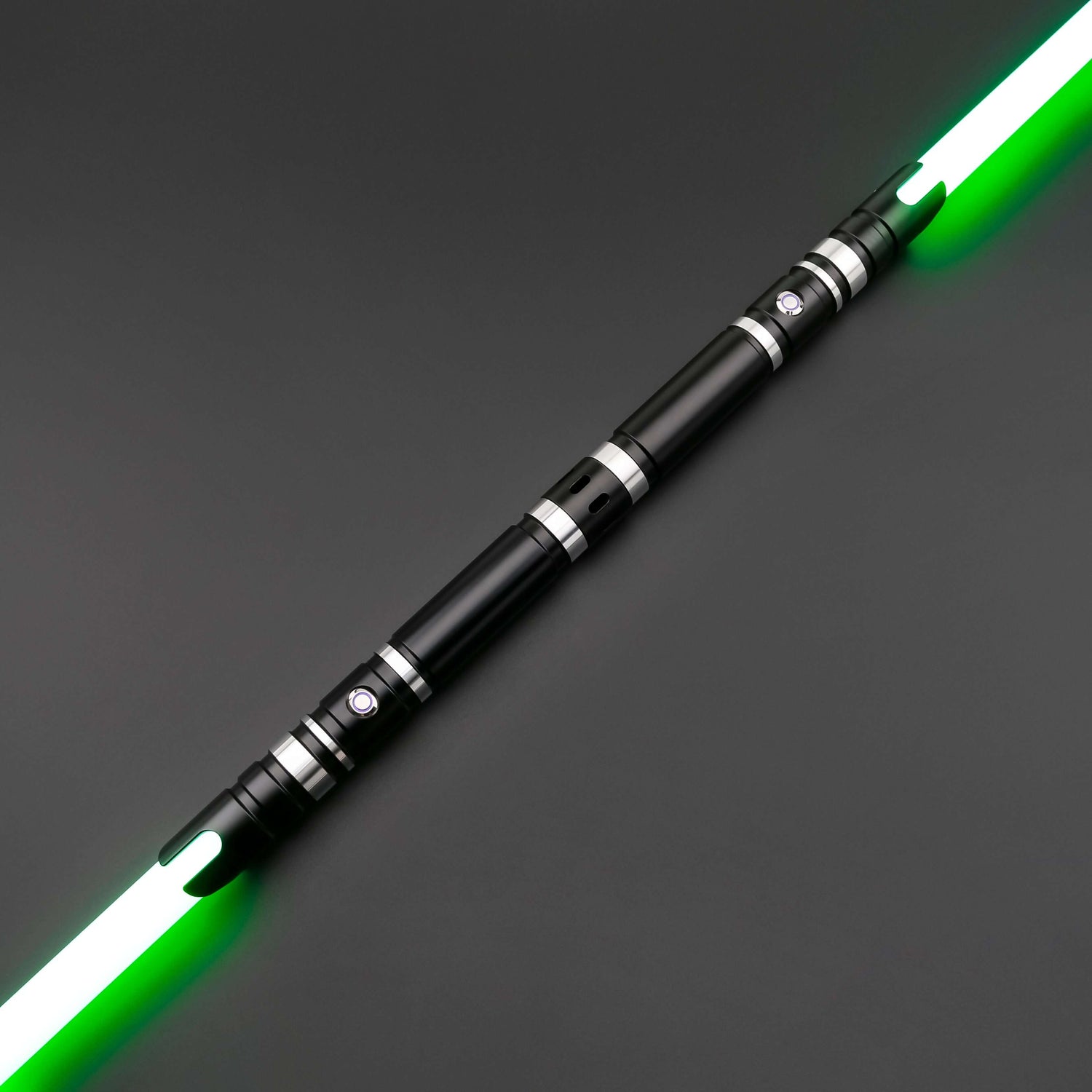 Hunter Dual Sabers featuring lightweight aluminum hilts with circular grip patterns and extended emitter necks, designed for enhanced maneuverability and ideal for cosplay and display.