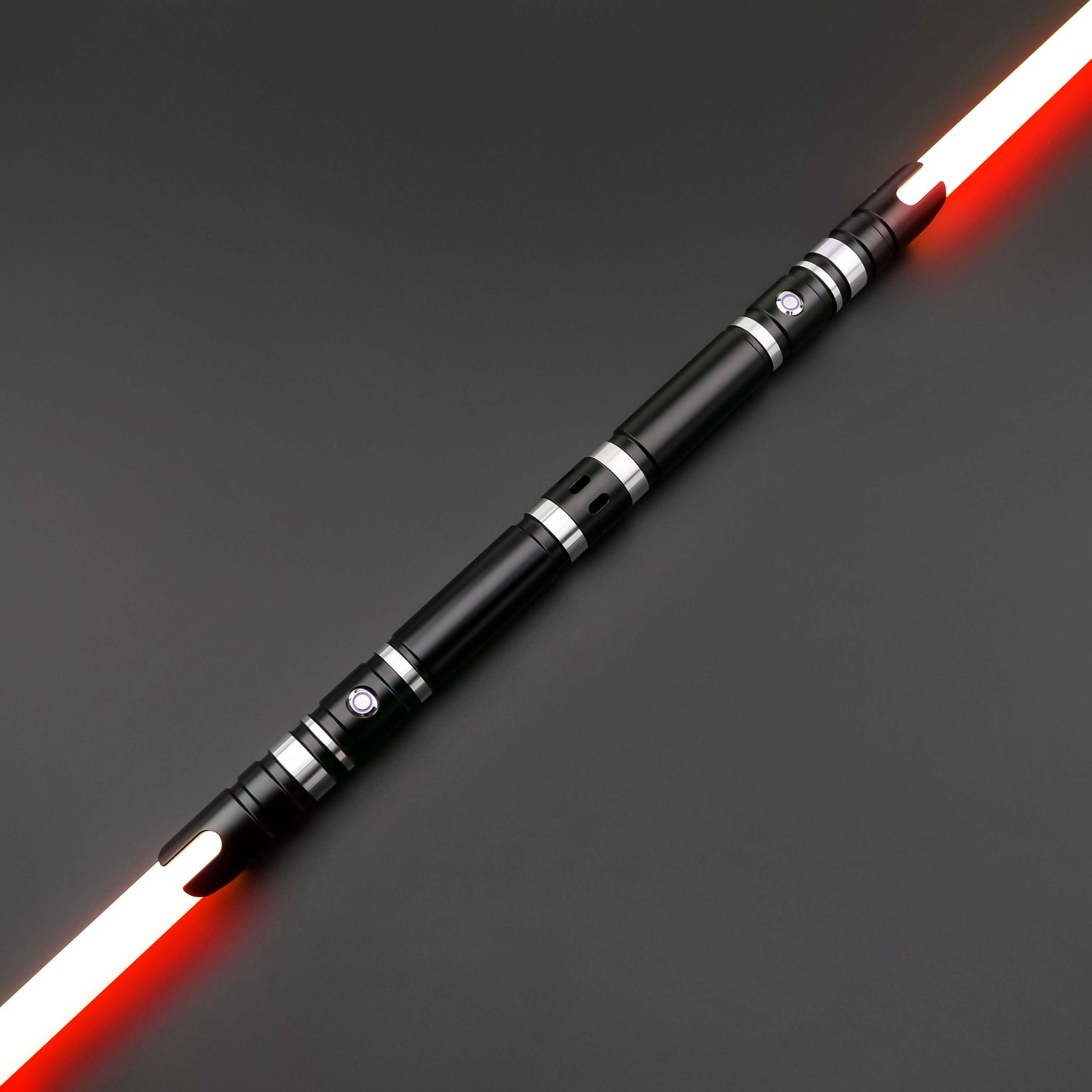 Hunter Dual Sabers featuring lightweight aluminum hilts with circular grip patterns and extended emitter necks, designed for enhanced maneuverability and ideal for cosplay and display.