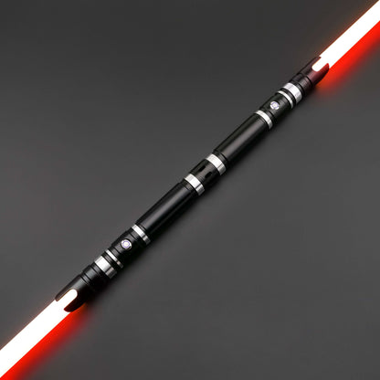 Hunter Dual Sabers featuring lightweight aluminum hilts with circular grip patterns and extended emitter necks, designed for enhanced maneuverability and ideal for cosplay and display.
