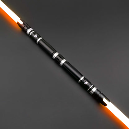 Hunter Dual Sabers featuring lightweight aluminum hilts with circular grip patterns and extended emitter necks, designed for enhanced maneuverability and ideal for cosplay and display.