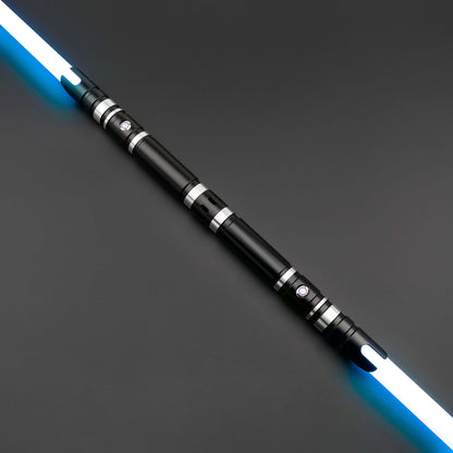 Hunter Dual Sabers featuring lightweight aluminum hilts with circular grip patterns and extended emitter necks, designed for enhanced maneuverability and ideal for cosplay and display.