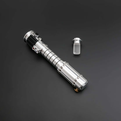 Mara Jade Lightsaber from Novasaber, featuring a sleek, crimson blade and a detailed, silver hilt with elegant design accents, inspired by the iconic Star Wars character.