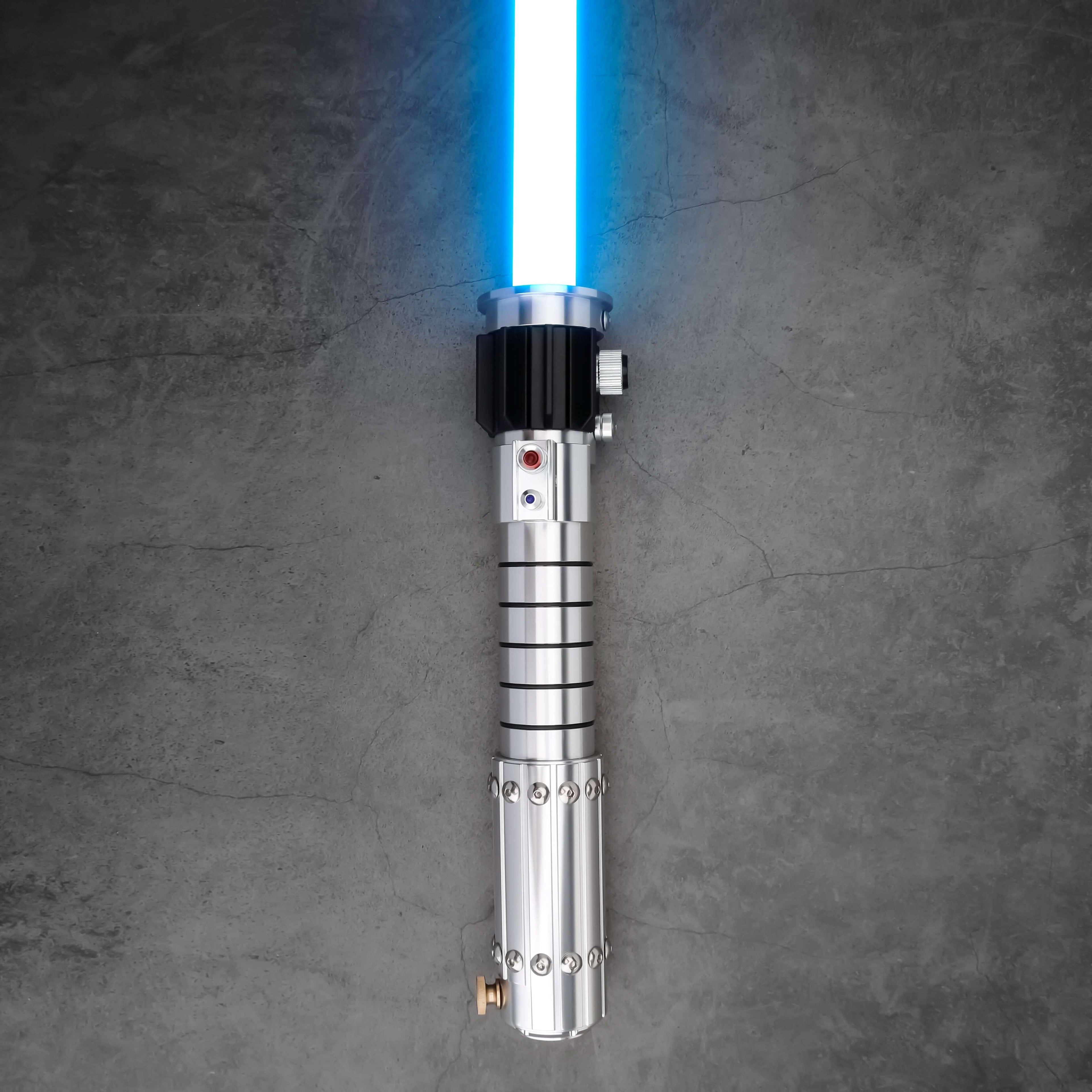 Mara Jade Lightsaber from Novasaber, featuring a sleek, crimson blade and a detailed, silver hilt with elegant design accents, inspired by the iconic Star Wars character.