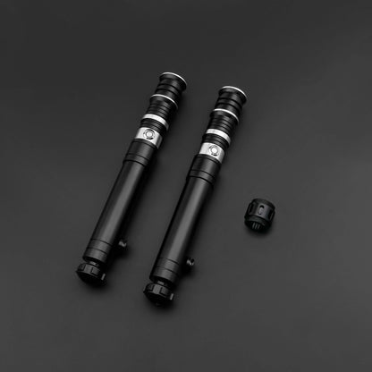 Huracan Double Bladed Saber featuring a compact design, belt clip for easy carrying, complimentary hilt connector, available in black and silver colors, with blade lengths of 82cm and 92cm, and various electronics options including RGB S16, RGB S27, SN Ne