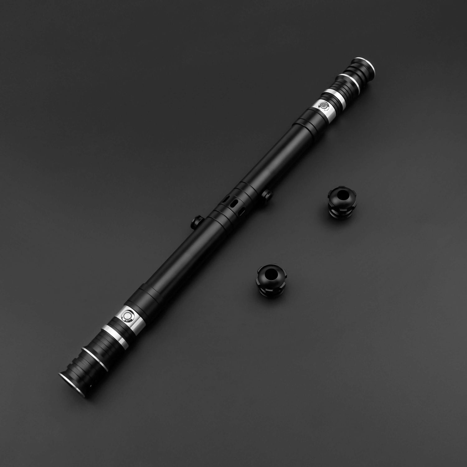Huracan Double Bladed Saber featuring a compact design, belt clip for easy carrying, complimentary hilt connector, available in black and silver colors, with blade lengths of 82cm and 92cm, and various electronics options including RGB S16, RGB S27, SN Ne