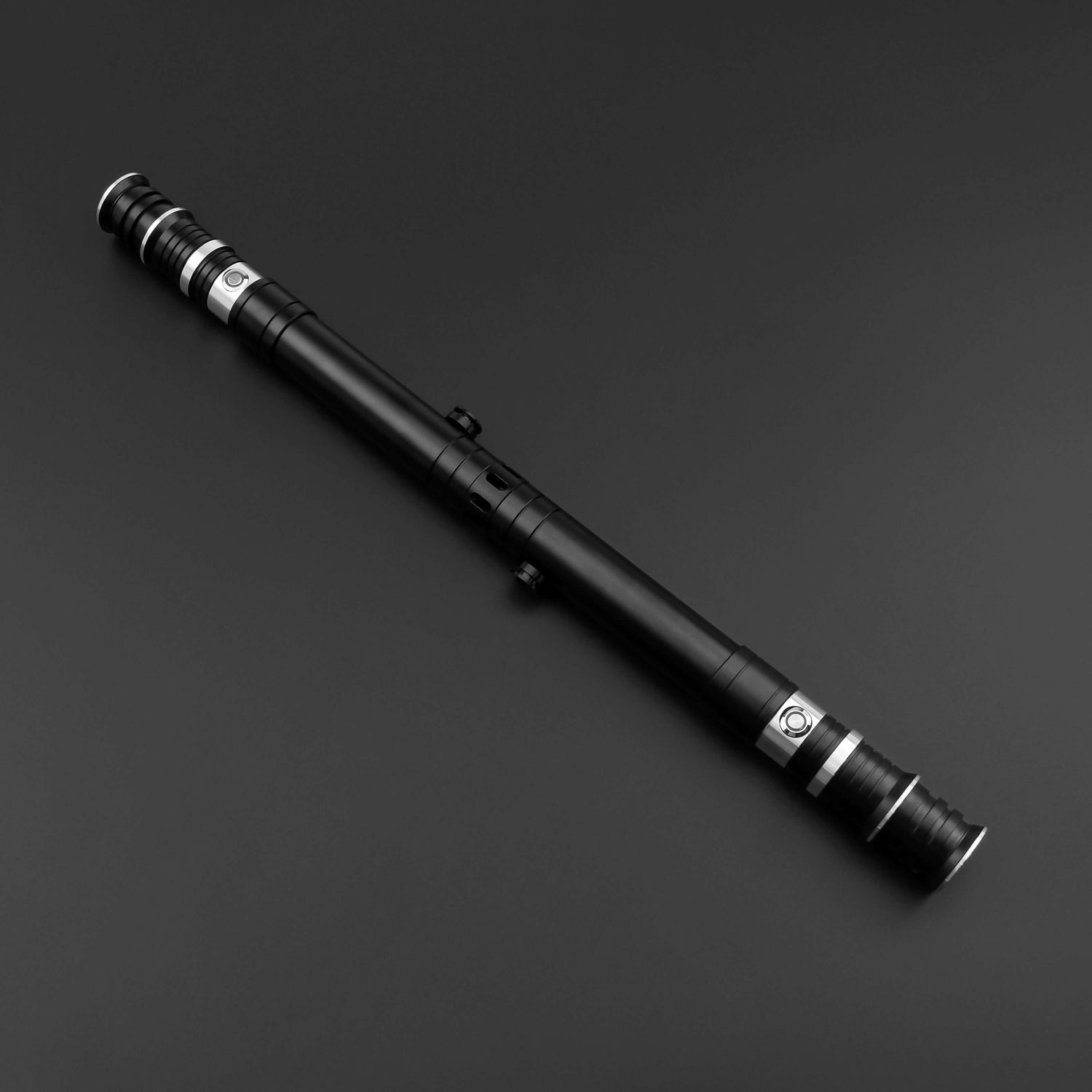 Huracan Double Bladed Saber featuring a compact design, belt clip for easy carrying, complimentary hilt connector, available in black and silver colors, with blade lengths of 82cm and 92cm, and various electronics options including RGB S16, RGB S27, SN Ne