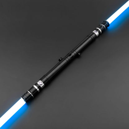 Huracan Double Bladed Saber featuring a compact design, belt clip for easy carrying, complimentary hilt connector, available in black and silver colors, with blade lengths of 82cm and 92cm, and various electronics options including RGB S16, RGB S27, SN Ne