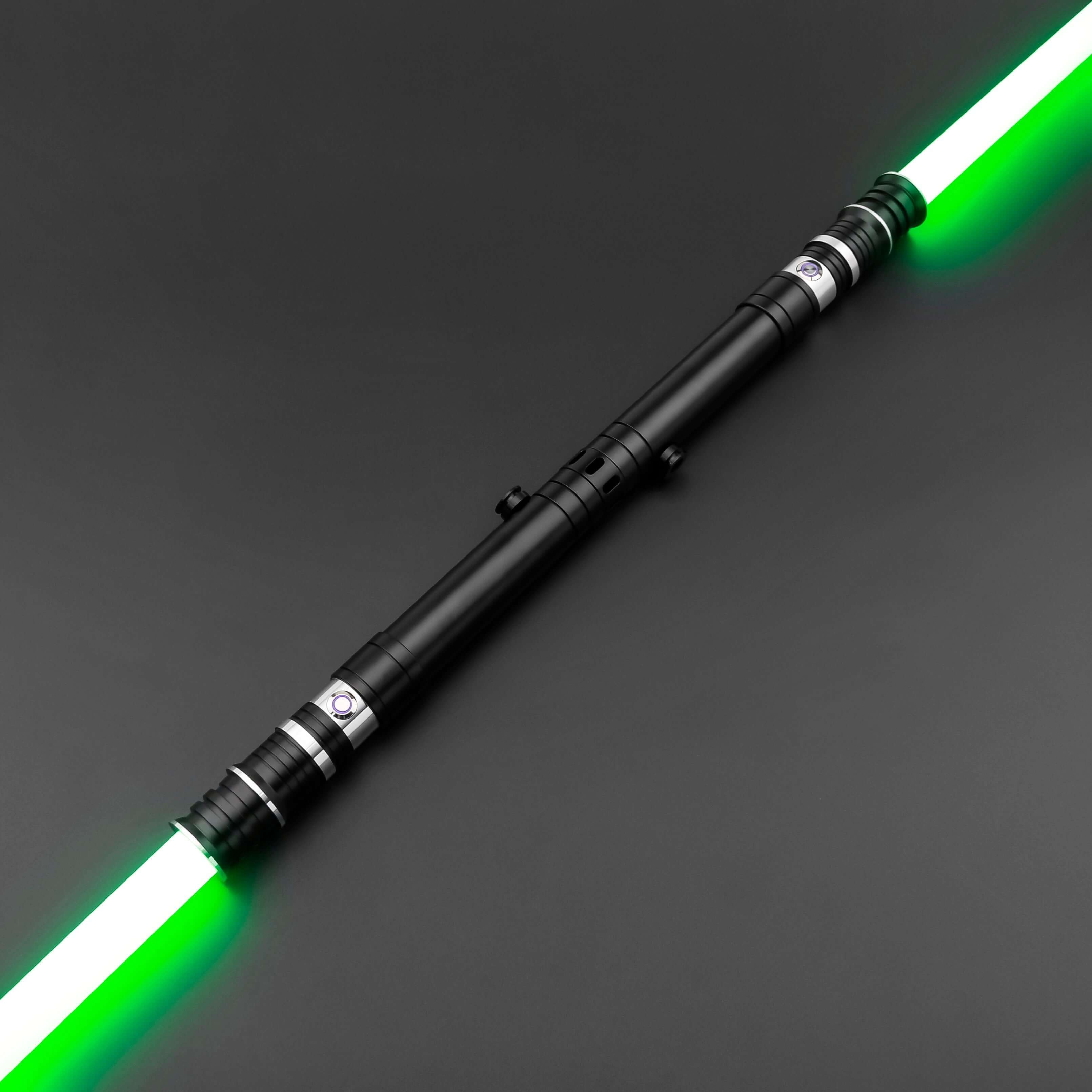 Huracan Double Bladed Saber featuring a compact design, belt clip for easy carrying, complimentary hilt connector, available in black and silver colors, with blade lengths of 82cm and 92cm, and various electronics options including RGB S16, RGB S27, SN Ne