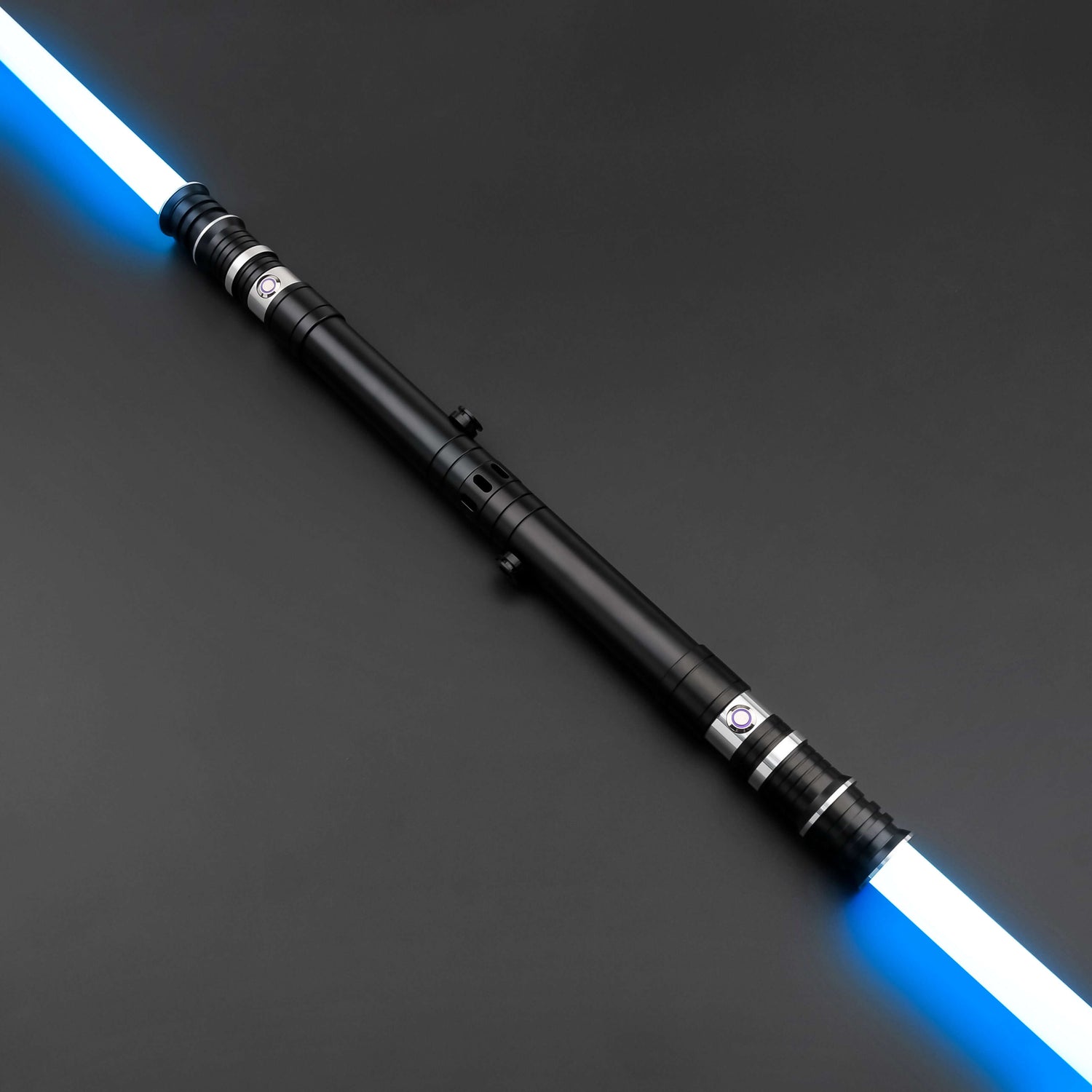 Huracan Double Bladed Saber featuring a compact design, belt clip for easy carrying, complimentary hilt connector, available in black and silver colors, with blade lengths of 82cm and 92cm, and various electronics options including RGB S16, RGB S27, SN Ne