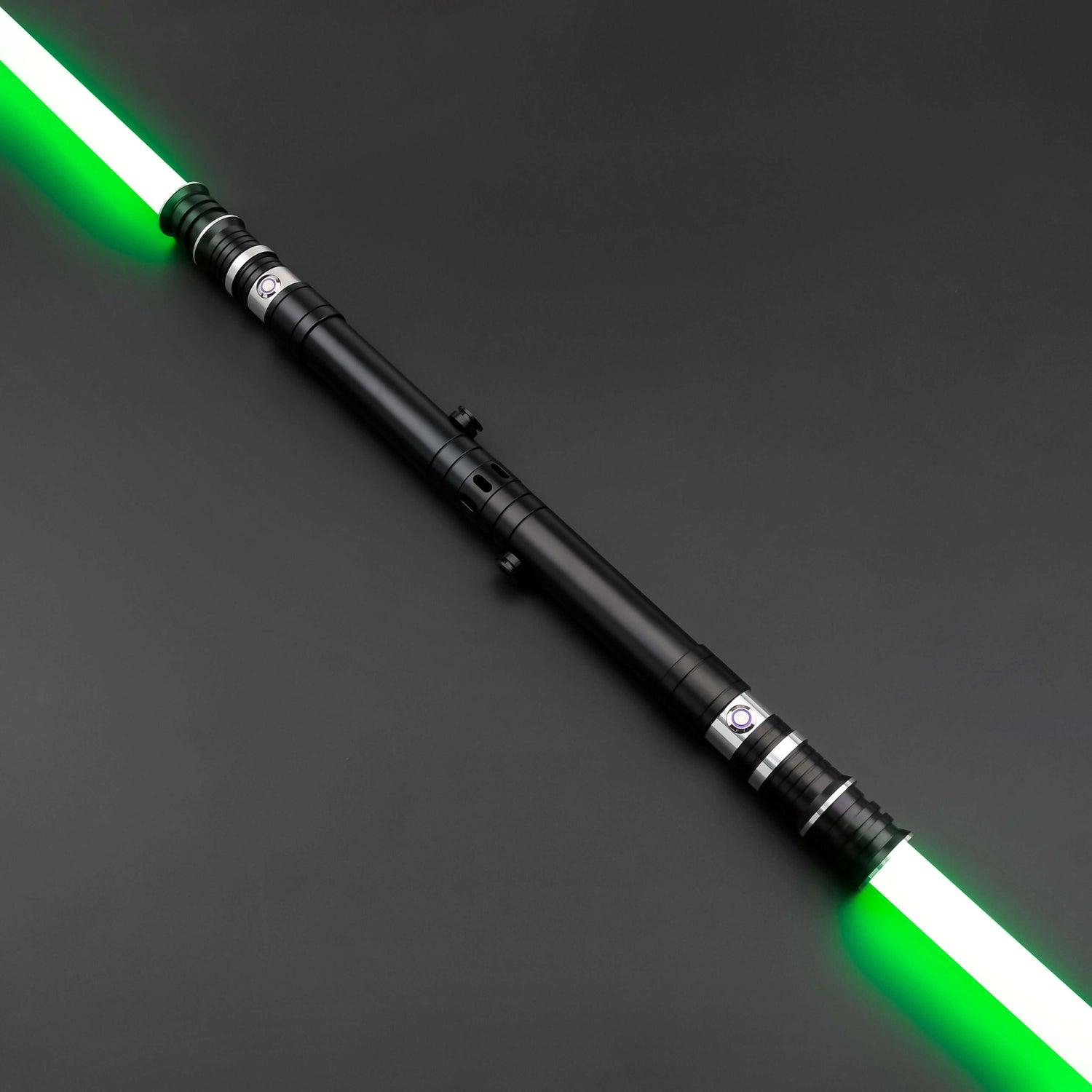 Huracan Double Bladed Saber featuring a compact design, belt clip for easy carrying, complimentary hilt connector, available in black and silver colors, with blade lengths of 82cm and 92cm, and various electronics options including RGB S16, RGB S27, SN Ne