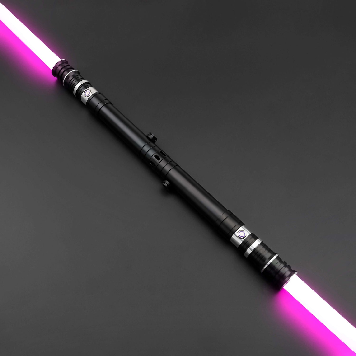 Huracan Double Bladed Saber featuring a compact design, belt clip for easy carrying, complimentary hilt connector, available in black and silver colors, with blade lengths of 82cm and 92cm, and various electronics options including RGB S16, RGB S27, SN Ne