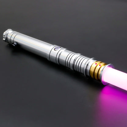 Huracan Double Bladed Saber featuring a compact design, belt clip for easy carrying, complimentary hilt connector, available in black and silver colors, with blade lengths of 82cm and 92cm, and various electronics options including RGB S16, RGB S27, SN Ne