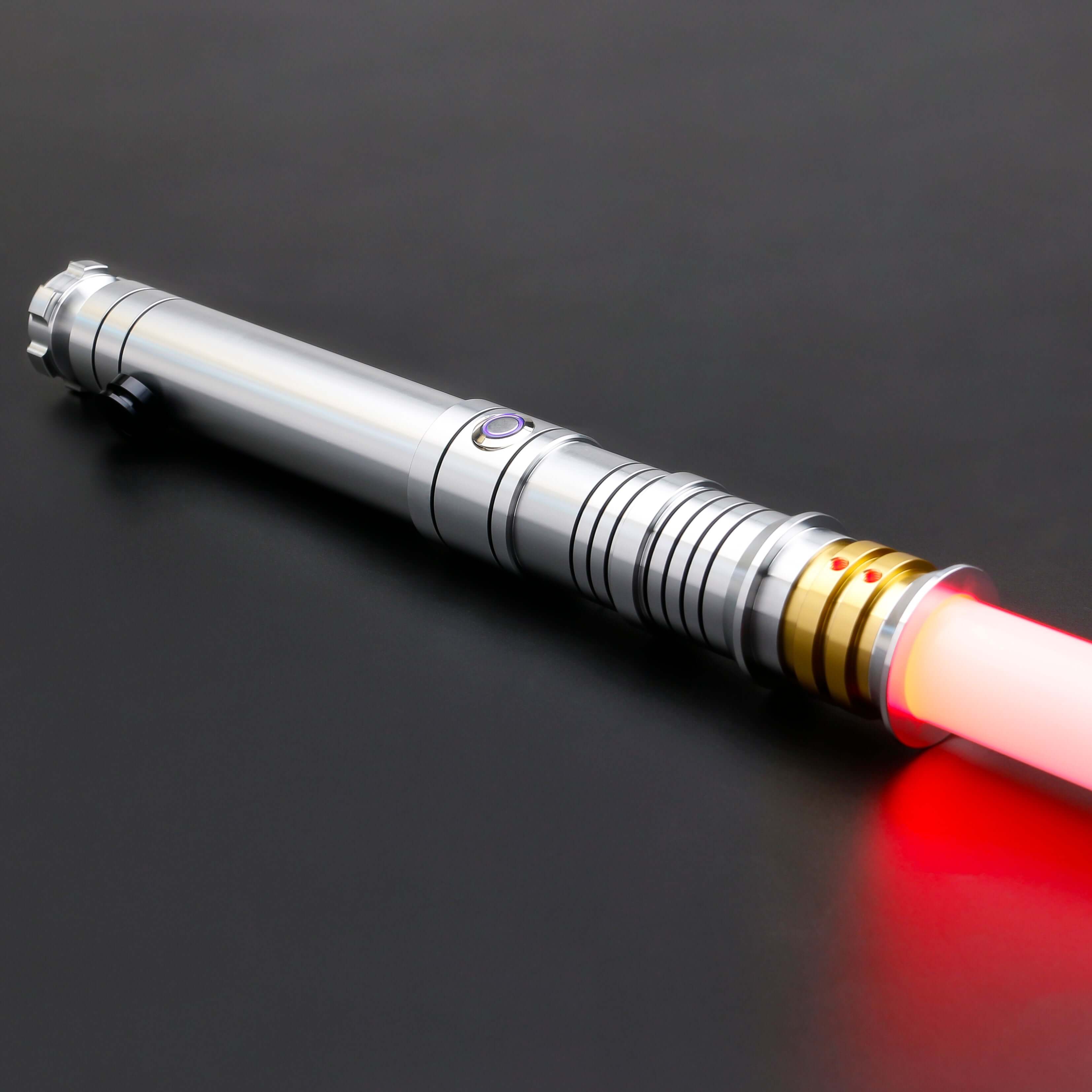 Huracan Double Bladed Saber featuring a compact design, belt clip for easy carrying, complimentary hilt connector, available in black and silver colors, with blade lengths of 82cm and 92cm, and various electronics options including RGB S16, RGB S27, SN Ne