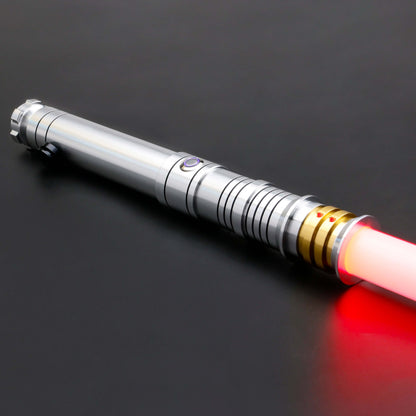 Huracan Double Bladed Saber featuring a compact design, belt clip for easy carrying, complimentary hilt connector, available in black and silver colors, with blade lengths of 82cm and 92cm, and various electronics options including RGB S16, RGB S27, SN Ne