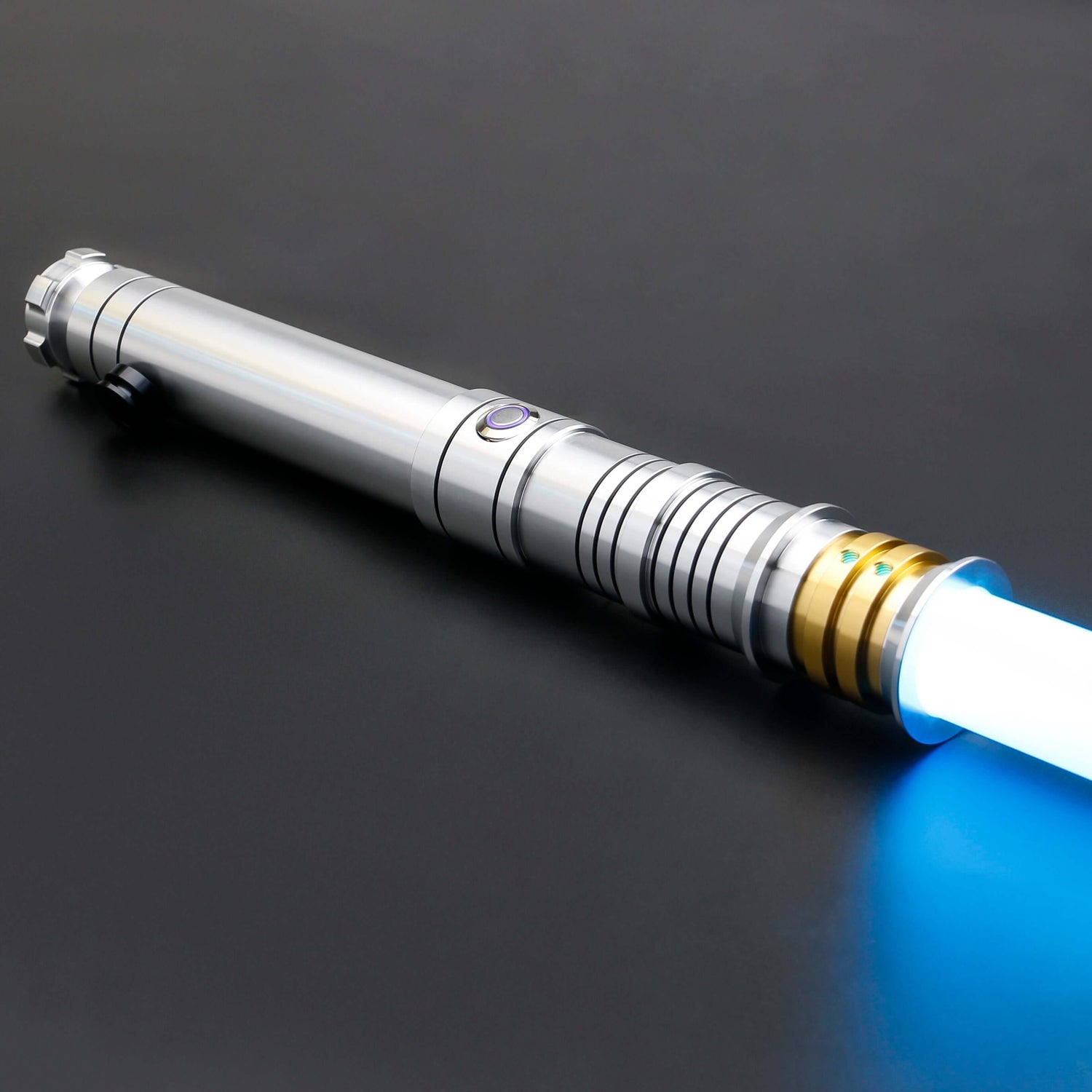 Huracan Double Bladed Saber featuring a compact design, belt clip for easy carrying, complimentary hilt connector, available in black and silver colors, with blade lengths of 82cm and 92cm, and various electronics options including RGB S16, RGB S27, SN Ne