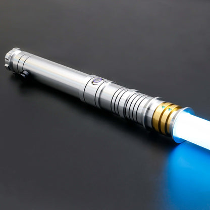 Huracan Double Bladed Saber featuring a compact design, belt clip for easy carrying, complimentary hilt connector, available in black and silver colors, with blade lengths of 82cm and 92cm, and various electronics options including RGB S16, RGB S27, SN Ne