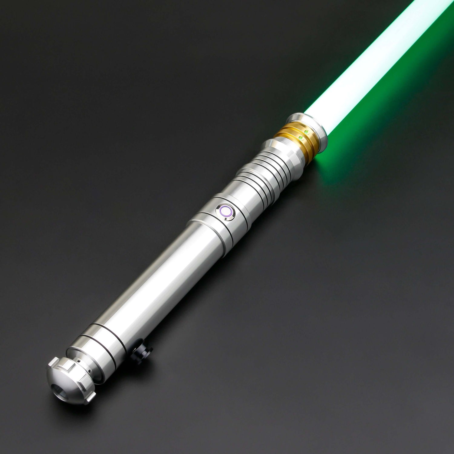 Huracan Double Bladed Saber featuring a compact design, belt clip for easy carrying, complimentary hilt connector, available in black and silver colors, with blade lengths of 82cm and 92cm, and various electronics options including RGB S16, RGB S27, SN Ne